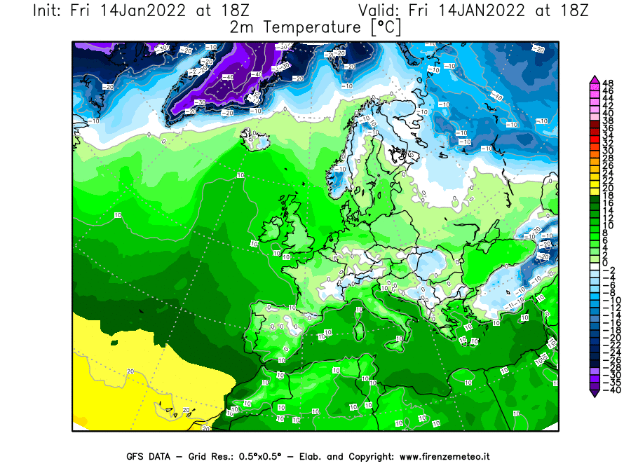 Mappa di analisi GFS - Temperatura a 2 metri dal suolo [°C] in Europa
							del 14/01/2022 18 <!--googleoff: index-->UTC<!--googleon: index-->