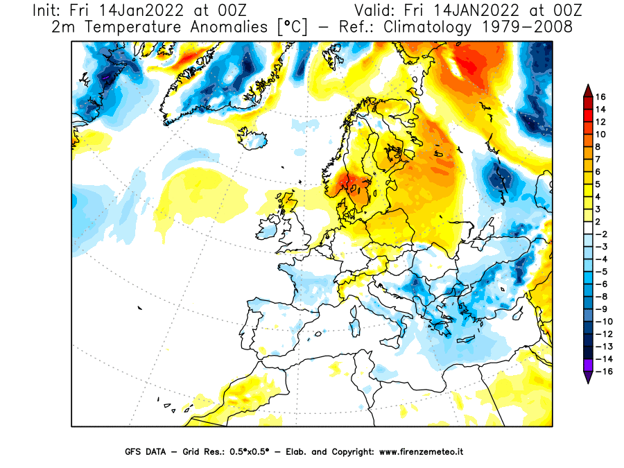 Mappa di analisi GFS - Anomalia Temperatura [°C] a 2 m in Europa
							del 14/01/2022 00 <!--googleoff: index-->UTC<!--googleon: index-->