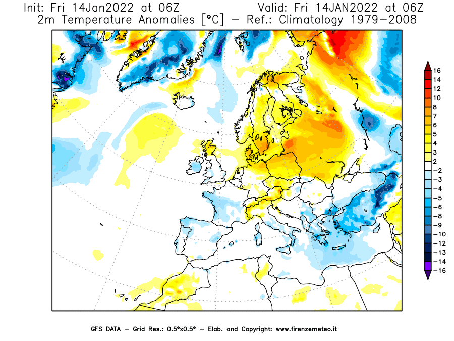 Mappa di analisi GFS - Anomalia Temperatura [°C] a 2 m in Europa
							del 14/01/2022 06 <!--googleoff: index-->UTC<!--googleon: index-->