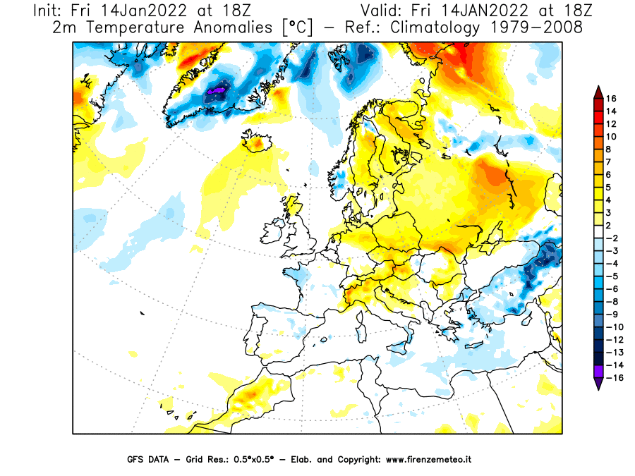 Mappa di analisi GFS - Anomalia Temperatura [°C] a 2 m in Europa
							del 14/01/2022 18 <!--googleoff: index-->UTC<!--googleon: index-->