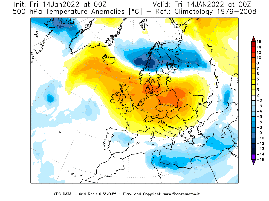 Mappa di analisi GFS - Anomalia Temperatura [°C] a 500 hPa in Europa
							del 14/01/2022 00 <!--googleoff: index-->UTC<!--googleon: index-->