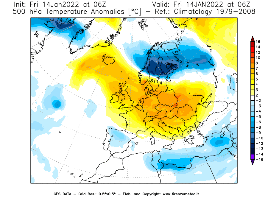 Mappa di analisi GFS - Anomalia Temperatura [°C] a 500 hPa in Europa
							del 14/01/2022 06 <!--googleoff: index-->UTC<!--googleon: index-->