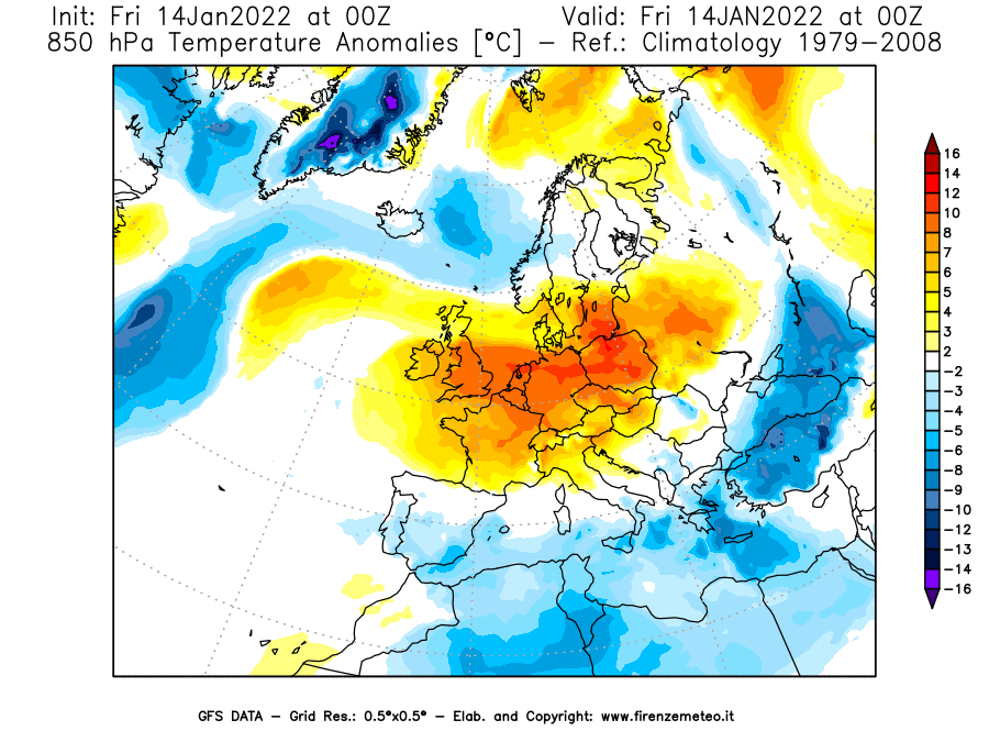 Mappa di analisi GFS - Anomalia Temperatura [°C] a 850 hPa in Europa
							del 14/01/2022 00 <!--googleoff: index-->UTC<!--googleon: index-->