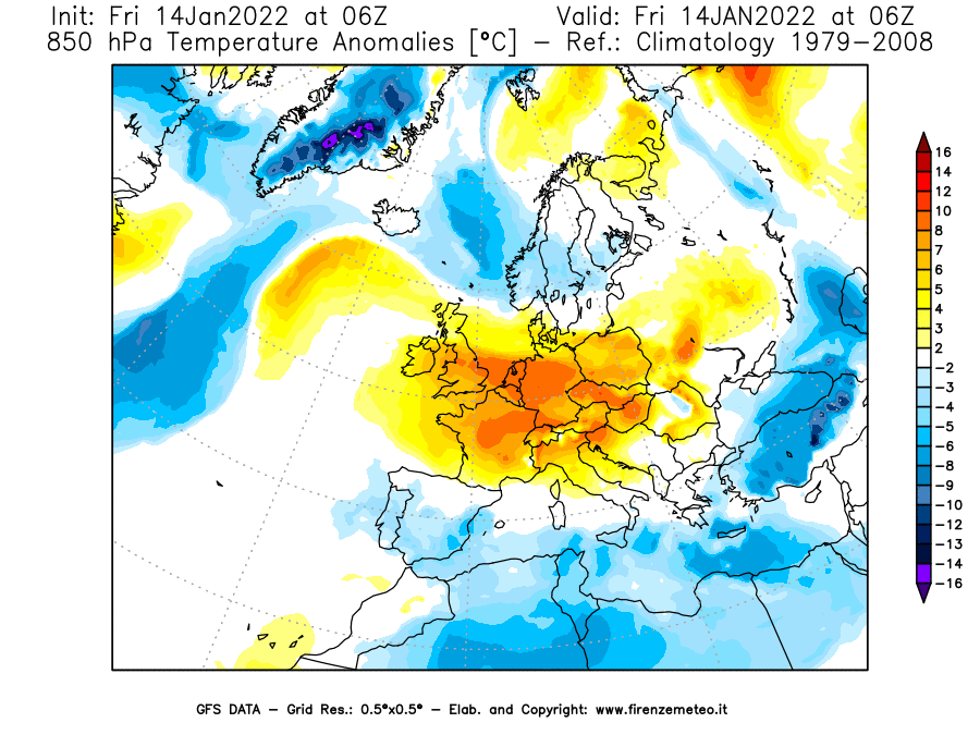 Mappa di analisi GFS - Anomalia Temperatura [°C] a 850 hPa in Europa
							del 14/01/2022 06 <!--googleoff: index-->UTC<!--googleon: index-->