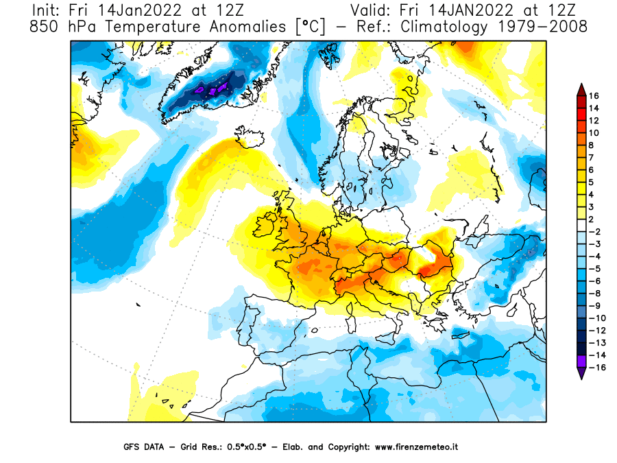Mappa di analisi GFS - Anomalia Temperatura [°C] a 850 hPa in Europa
							del 14/01/2022 12 <!--googleoff: index-->UTC<!--googleon: index-->