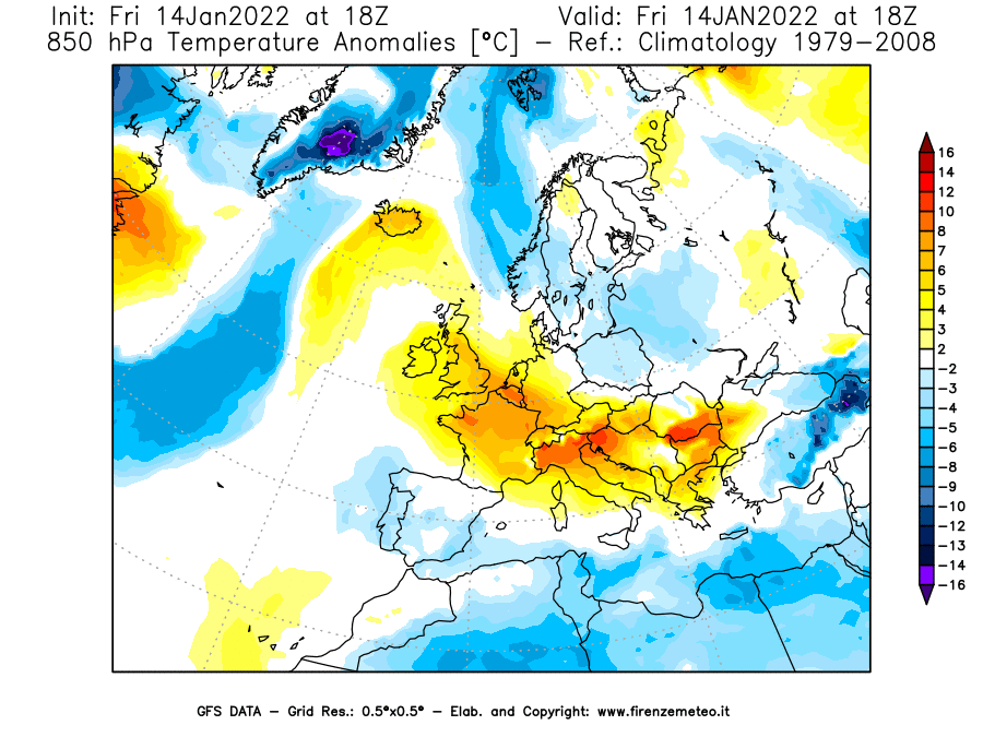 Mappa di analisi GFS - Anomalia Temperatura [°C] a 850 hPa in Europa
							del 14/01/2022 18 <!--googleoff: index-->UTC<!--googleon: index-->