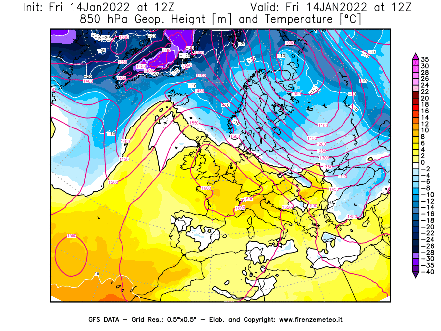 Mappa di analisi GFS - Geopotenziale [m] e Temperatura [°C] a 850 hPa in Europa
							del 14/01/2022 12 <!--googleoff: index-->UTC<!--googleon: index-->
