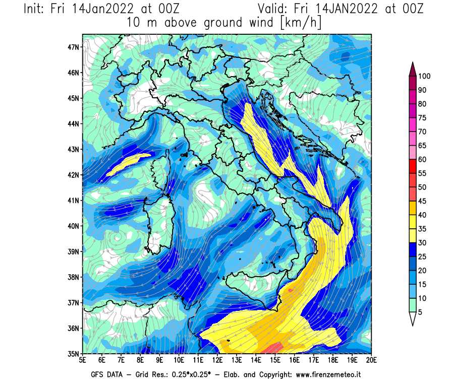 Mappa di analisi GFS - Velocità del vento a 10 metri dal suolo [km/h] in Italia
							del 14/01/2022 00 <!--googleoff: index-->UTC<!--googleon: index-->