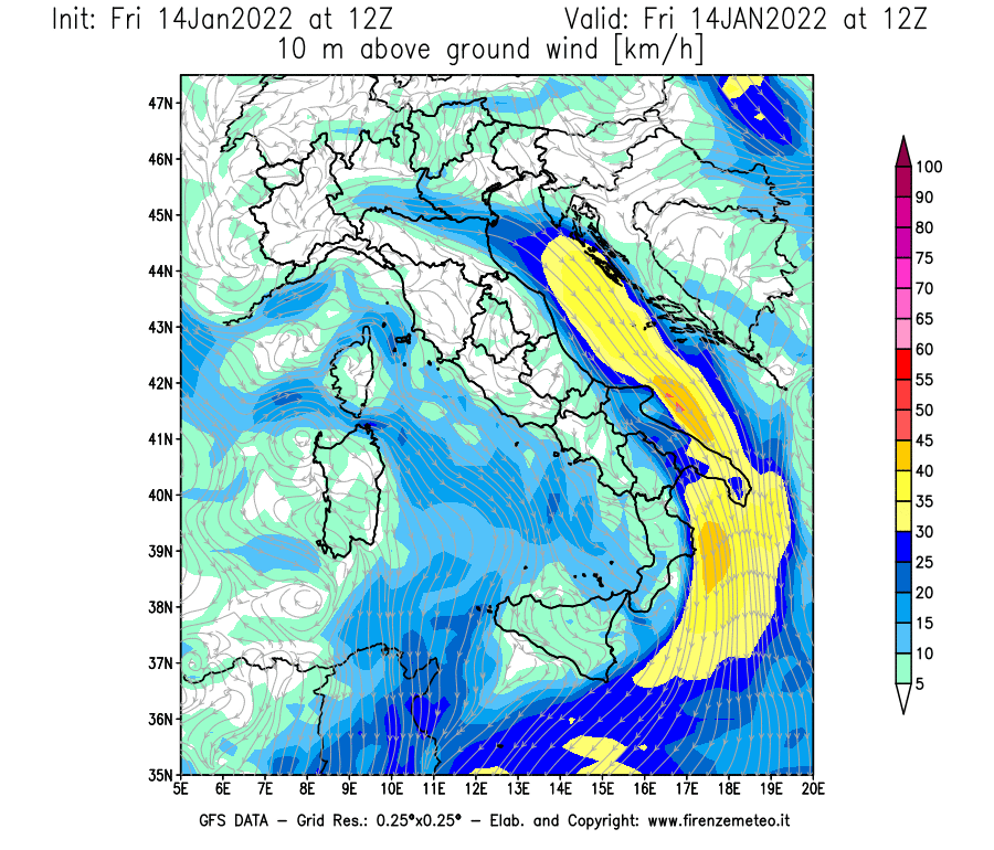 Mappa di analisi GFS - Velocità del vento a 10 metri dal suolo [km/h] in Italia
							del 14/01/2022 12 <!--googleoff: index-->UTC<!--googleon: index-->