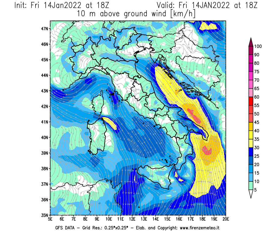 Mappa di analisi GFS - Velocità del vento a 10 metri dal suolo [km/h] in Italia
							del 14/01/2022 18 <!--googleoff: index-->UTC<!--googleon: index-->