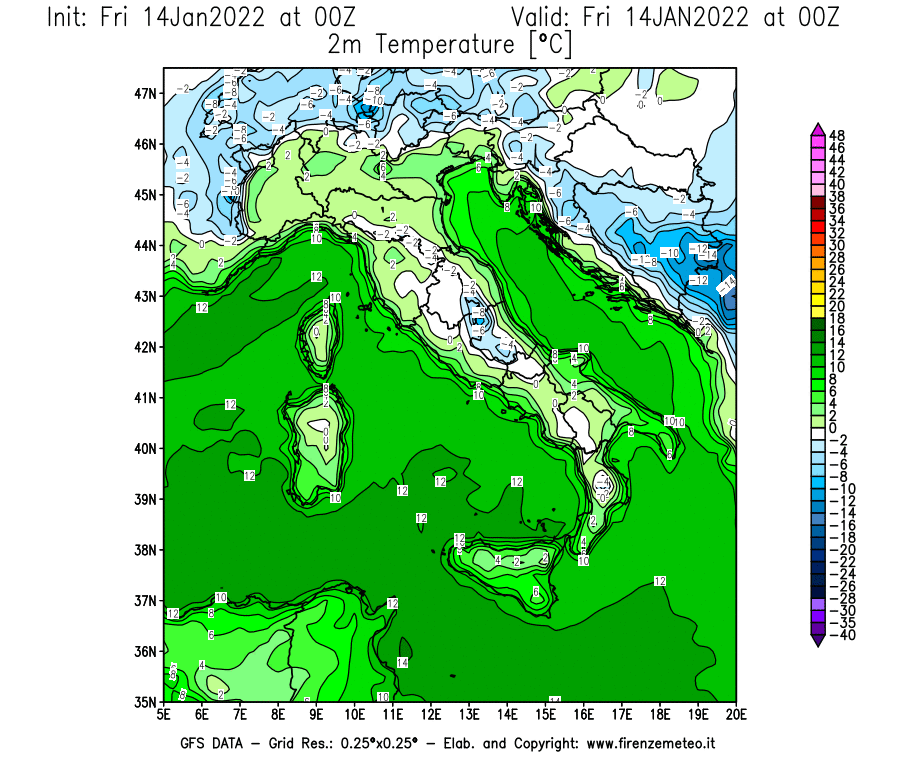 Mappa di analisi GFS - Temperatura a 2 metri dal suolo [°C] in Italia
							del 14/01/2022 00 <!--googleoff: index-->UTC<!--googleon: index-->