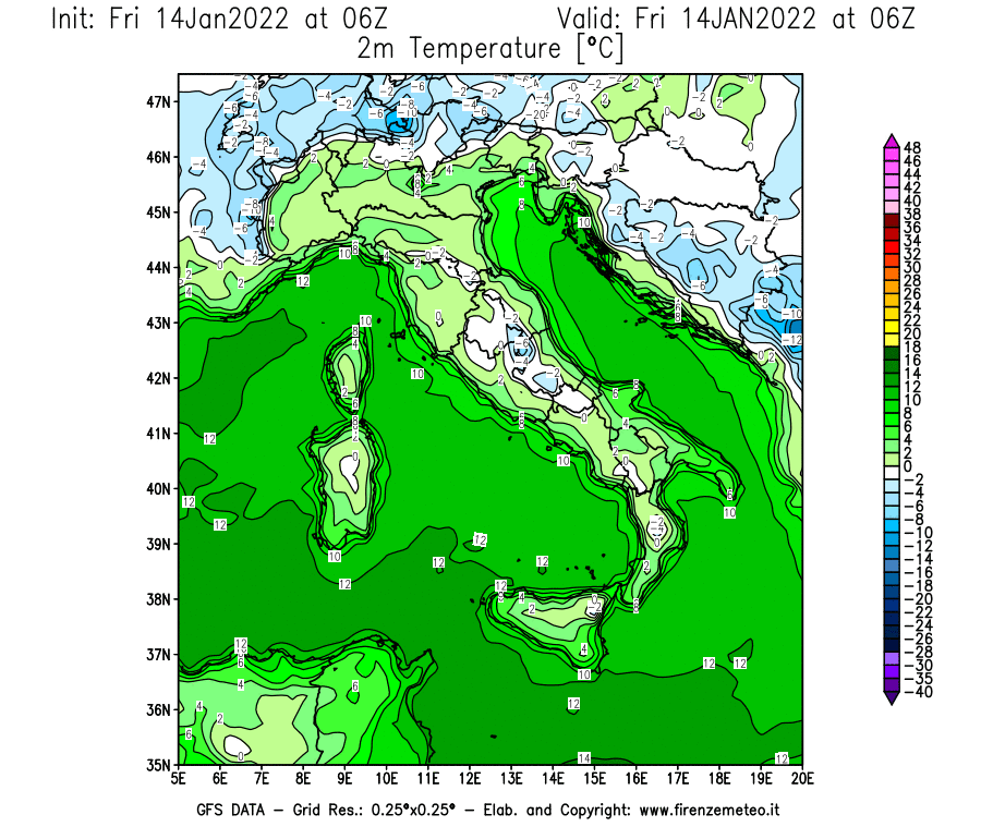 Mappa di analisi GFS - Temperatura a 2 metri dal suolo [°C] in Italia
							del 14/01/2022 06 <!--googleoff: index-->UTC<!--googleon: index-->