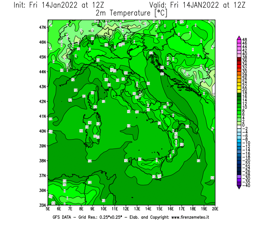 Mappa di analisi GFS - Temperatura a 2 metri dal suolo [°C] in Italia
							del 14/01/2022 12 <!--googleoff: index-->UTC<!--googleon: index-->