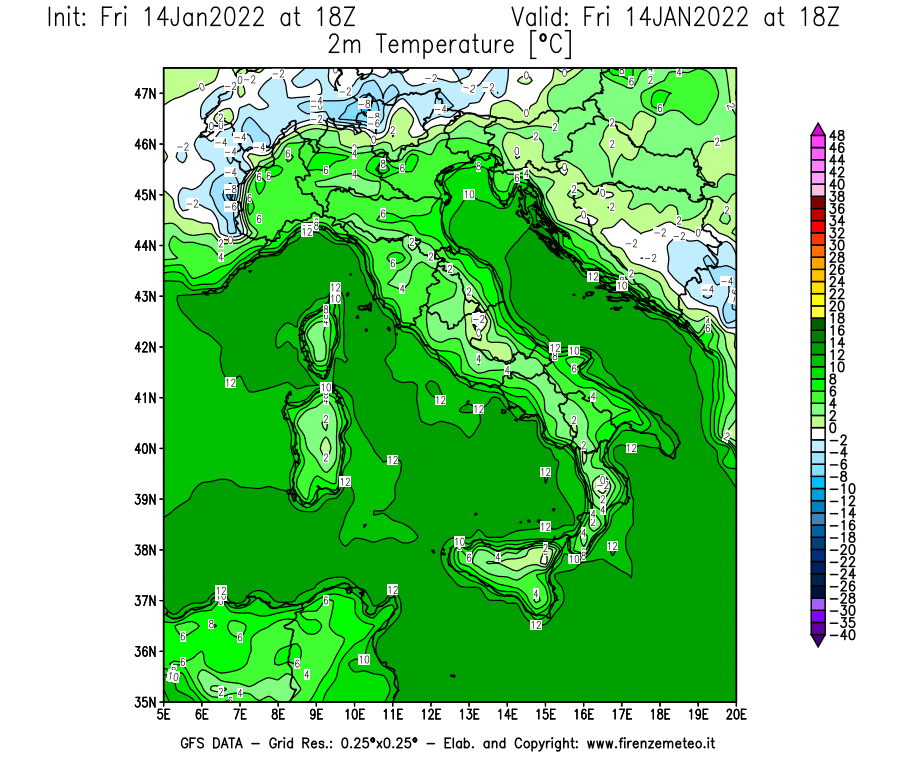 Mappa di analisi GFS - Temperatura a 2 metri dal suolo [°C] in Italia
							del 14/01/2022 18 <!--googleoff: index-->UTC<!--googleon: index-->