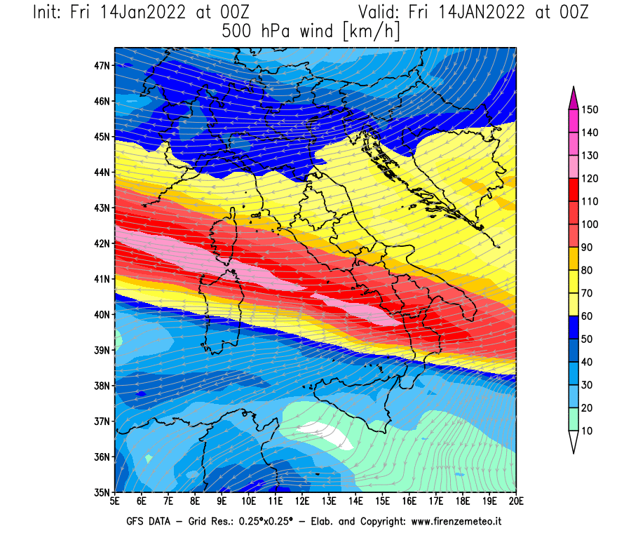 Mappa di analisi GFS - Velocità del vento a 500 hPa [km/h] in Italia
							del 14/01/2022 00 <!--googleoff: index-->UTC<!--googleon: index-->