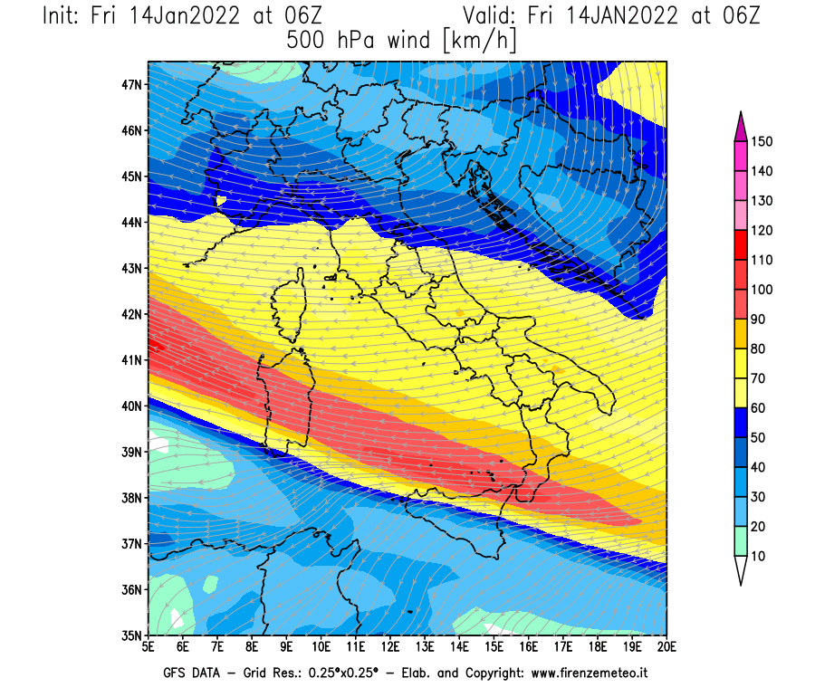 Mappa di analisi GFS - Velocità del vento a 500 hPa [km/h] in Italia
							del 14/01/2022 06 <!--googleoff: index-->UTC<!--googleon: index-->