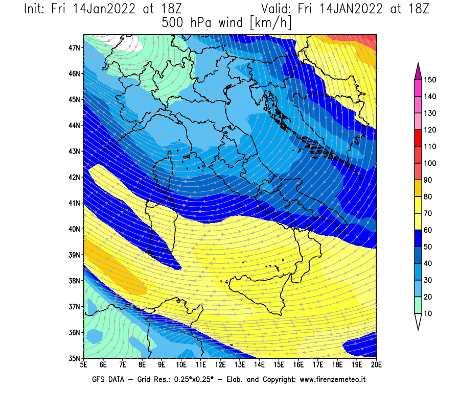 Mappa di analisi GFS - Velocità del vento a 500 hPa [km/h] in Italia
							del 14/01/2022 18 <!--googleoff: index-->UTC<!--googleon: index-->