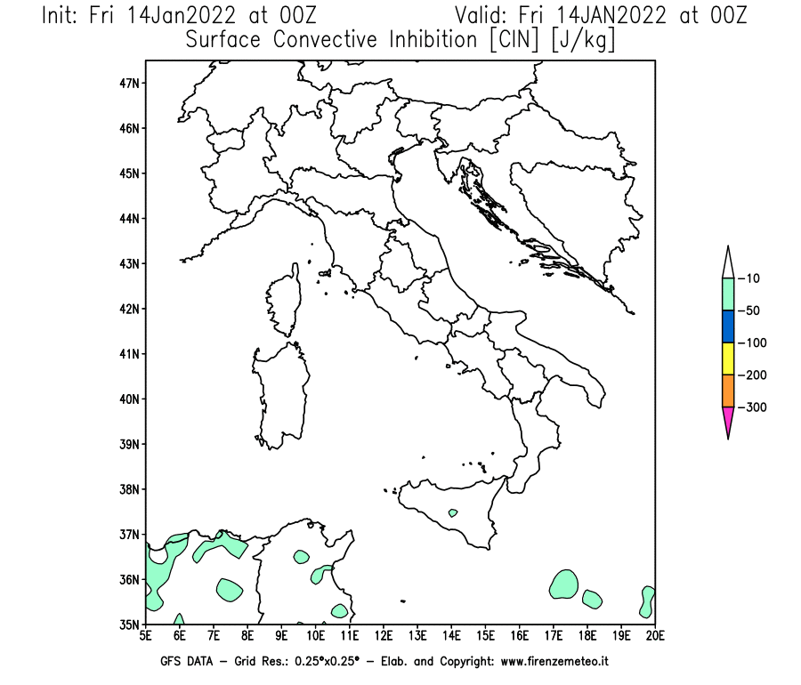 Mappa di analisi GFS - CIN [J/kg] in Italia
							del 14/01/2022 00 <!--googleoff: index-->UTC<!--googleon: index-->