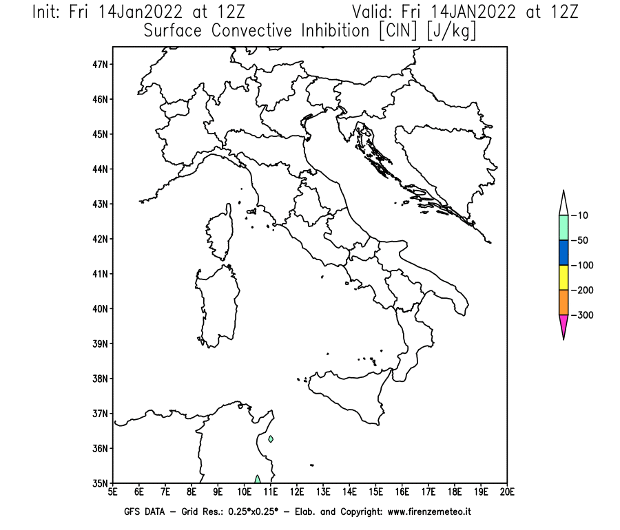 Mappa di analisi GFS - CIN [J/kg] in Italia
							del 14/01/2022 12 <!--googleoff: index-->UTC<!--googleon: index-->