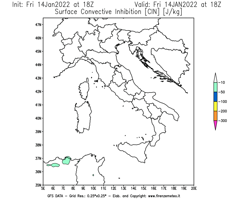 Mappa di analisi GFS - CIN [J/kg] in Italia
							del 14/01/2022 18 <!--googleoff: index-->UTC<!--googleon: index-->