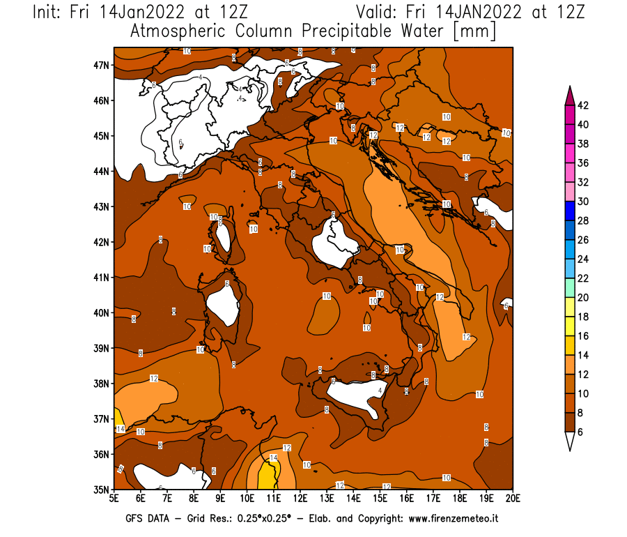 Mappa di analisi GFS - Precipitable Water [mm] in Italia
							del 14/01/2022 12 <!--googleoff: index-->UTC<!--googleon: index-->