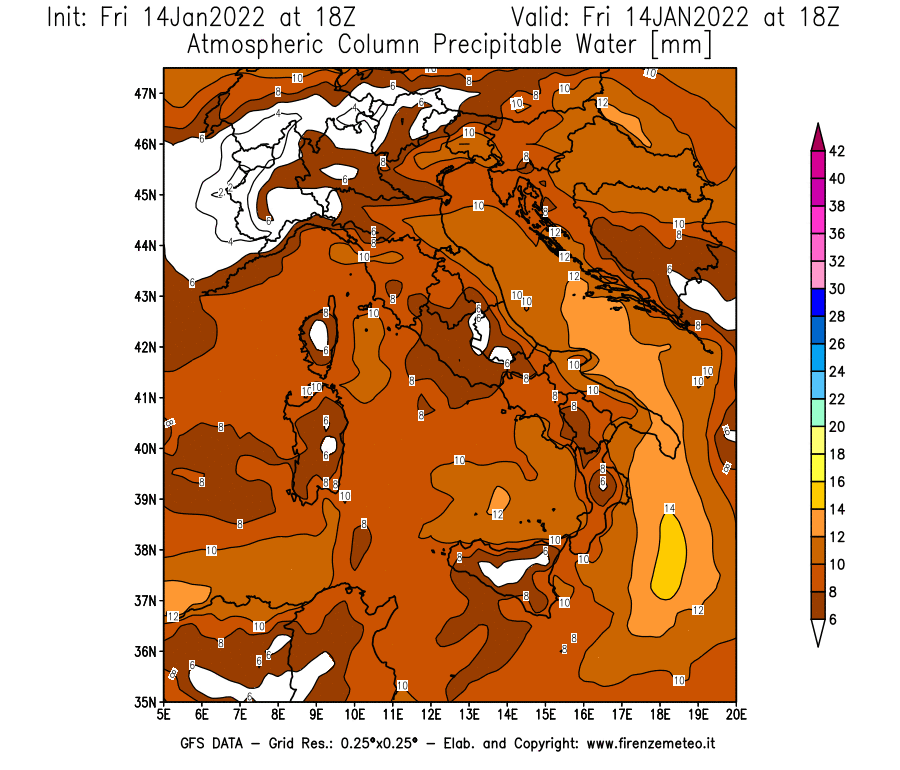 Mappa di analisi GFS - Precipitable Water [mm] in Italia
							del 14/01/2022 18 <!--googleoff: index-->UTC<!--googleon: index-->
