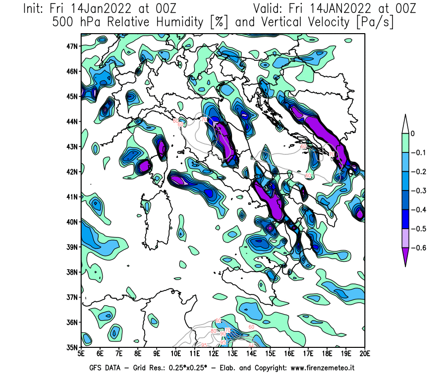 Mappa di analisi GFS - Umidità relativa [%] e Omega [Pa/s] a 500 hPa in Italia
							del 14/01/2022 00 <!--googleoff: index-->UTC<!--googleon: index-->