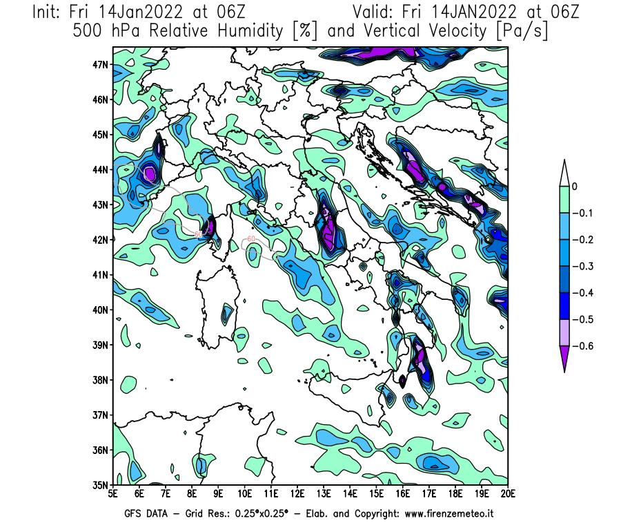 Mappa di analisi GFS - Umidità relativa [%] e Omega [Pa/s] a 500 hPa in Italia
							del 14/01/2022 06 <!--googleoff: index-->UTC<!--googleon: index-->