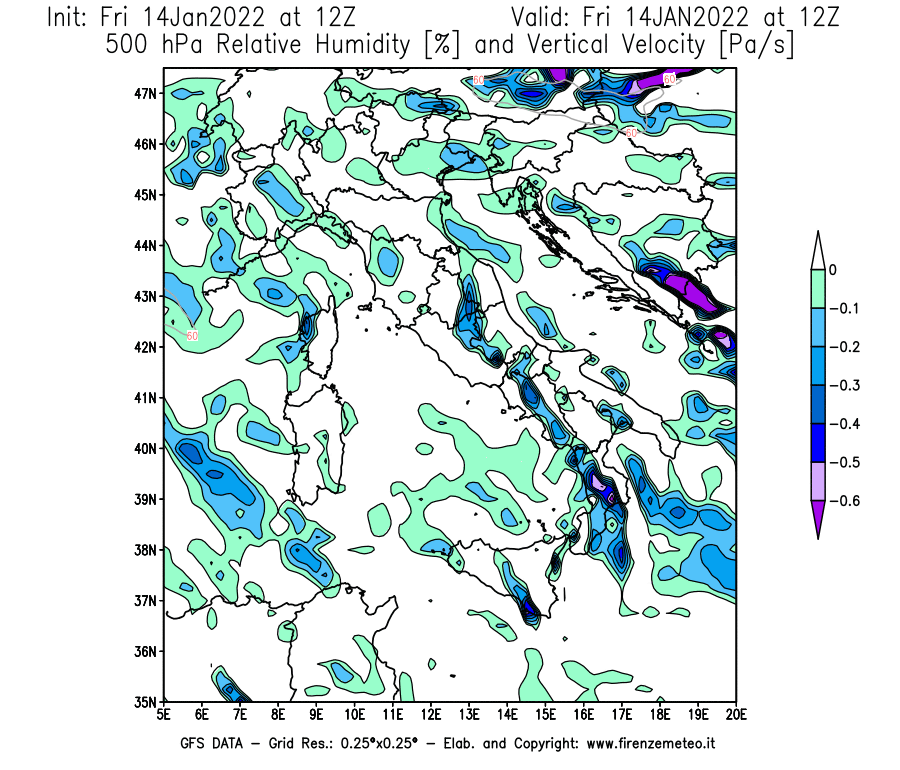 Mappa di analisi GFS - Umidità relativa [%] e Omega [Pa/s] a 500 hPa in Italia
							del 14/01/2022 12 <!--googleoff: index-->UTC<!--googleon: index-->