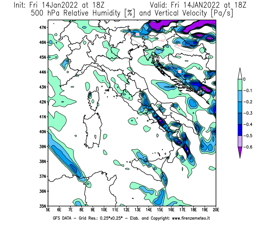 Mappa di analisi GFS - Umidità relativa [%] e Omega [Pa/s] a 500 hPa in Italia
							del 14/01/2022 18 <!--googleoff: index-->UTC<!--googleon: index-->