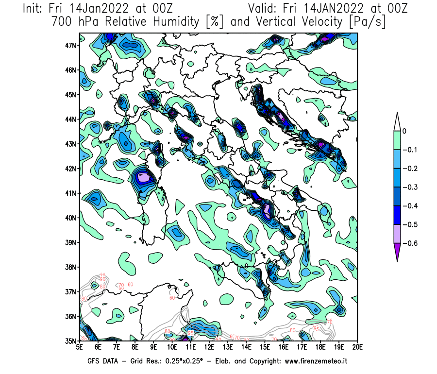 Mappa di analisi GFS - Umidità relativa [%] e Omega [Pa/s] a 700 hPa in Italia
							del 14/01/2022 00 <!--googleoff: index-->UTC<!--googleon: index-->