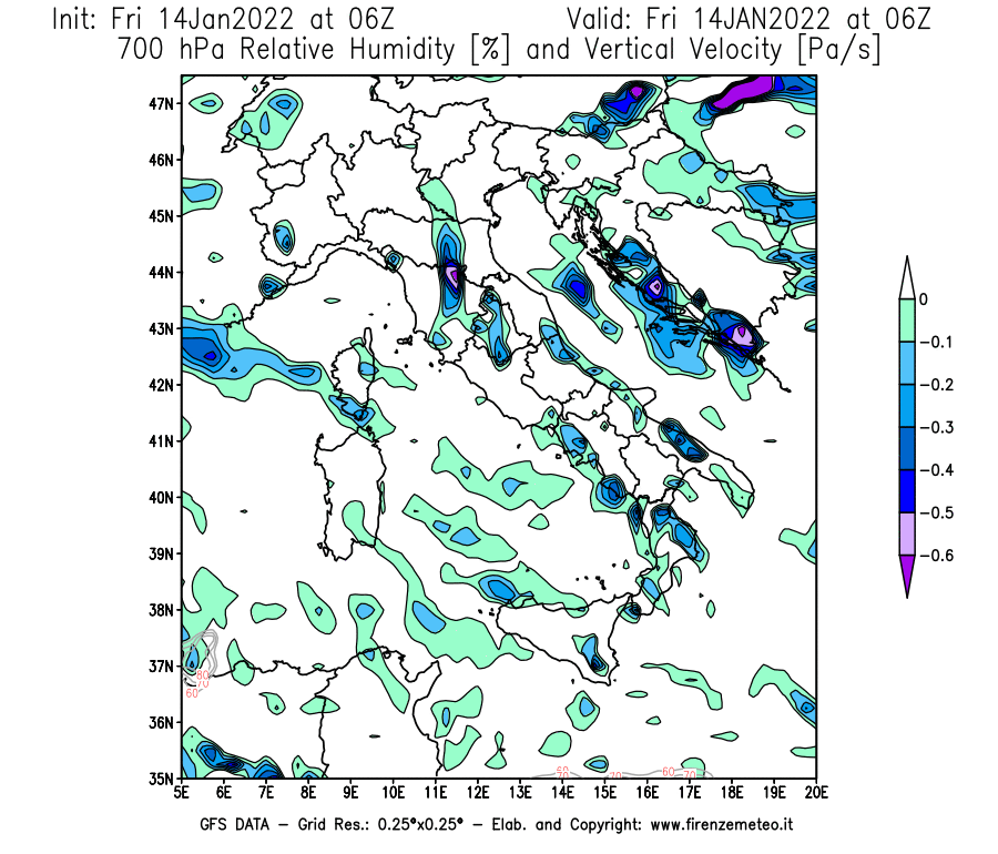 Mappa di analisi GFS - Umidità relativa [%] e Omega [Pa/s] a 700 hPa in Italia
							del 14/01/2022 06 <!--googleoff: index-->UTC<!--googleon: index-->