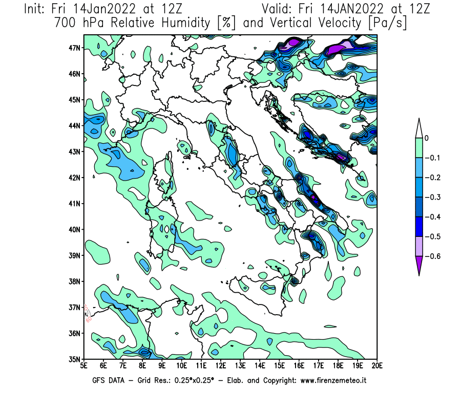 Mappa di analisi GFS - Umidità relativa [%] e Omega [Pa/s] a 700 hPa in Italia
							del 14/01/2022 12 <!--googleoff: index-->UTC<!--googleon: index-->