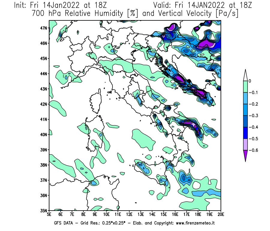Mappa di analisi GFS - Umidità relativa [%] e Omega [Pa/s] a 700 hPa in Italia
							del 14/01/2022 18 <!--googleoff: index-->UTC<!--googleon: index-->