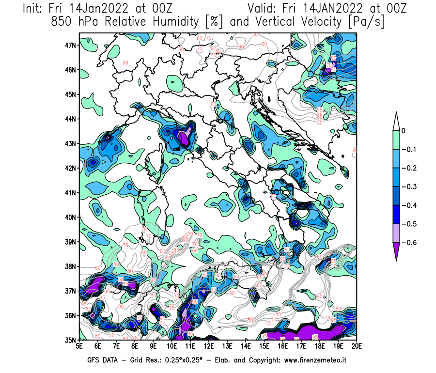 Mappa di analisi GFS - Umidità relativa [%] e Omega [Pa/s] a 850 hPa in Italia
							del 14/01/2022 00 <!--googleoff: index-->UTC<!--googleon: index-->