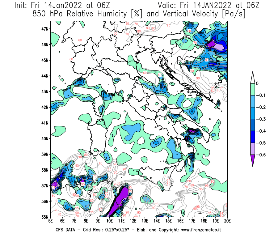 Mappa di analisi GFS - Umidità relativa [%] e Omega [Pa/s] a 850 hPa in Italia
							del 14/01/2022 06 <!--googleoff: index-->UTC<!--googleon: index-->