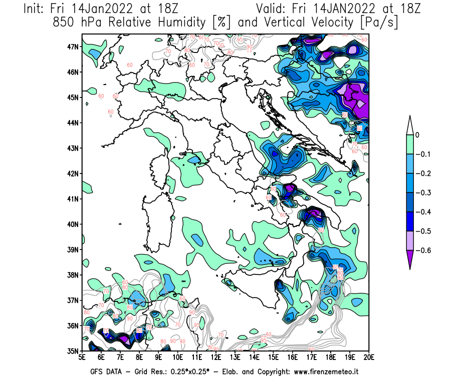 Mappa di analisi GFS - Umidità relativa [%] e Omega [Pa/s] a 850 hPa in Italia
							del 14/01/2022 18 <!--googleoff: index-->UTC<!--googleon: index-->