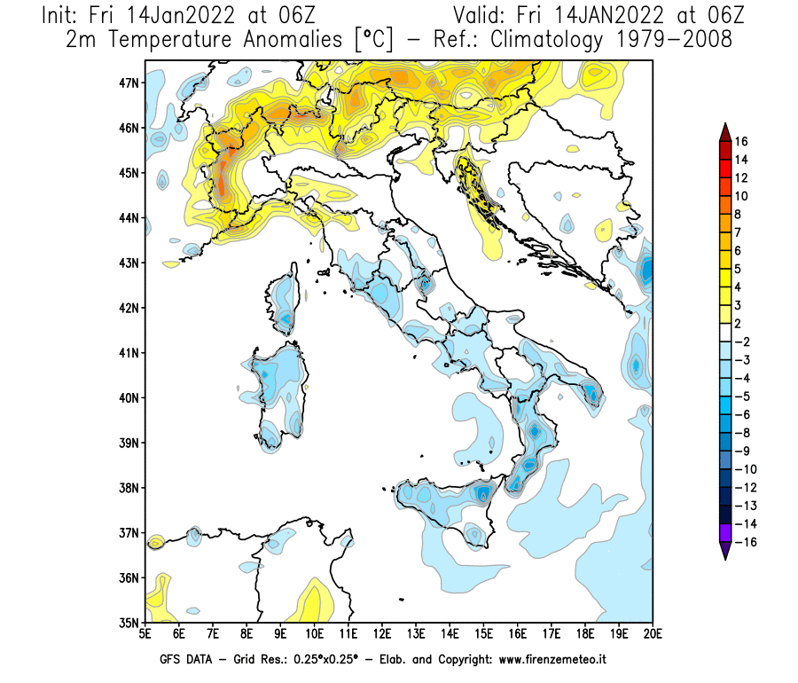 Mappa di analisi GFS - Anomalia Temperatura [°C] a 2 m in Italia
							del 14/01/2022 06 <!--googleoff: index-->UTC<!--googleon: index-->