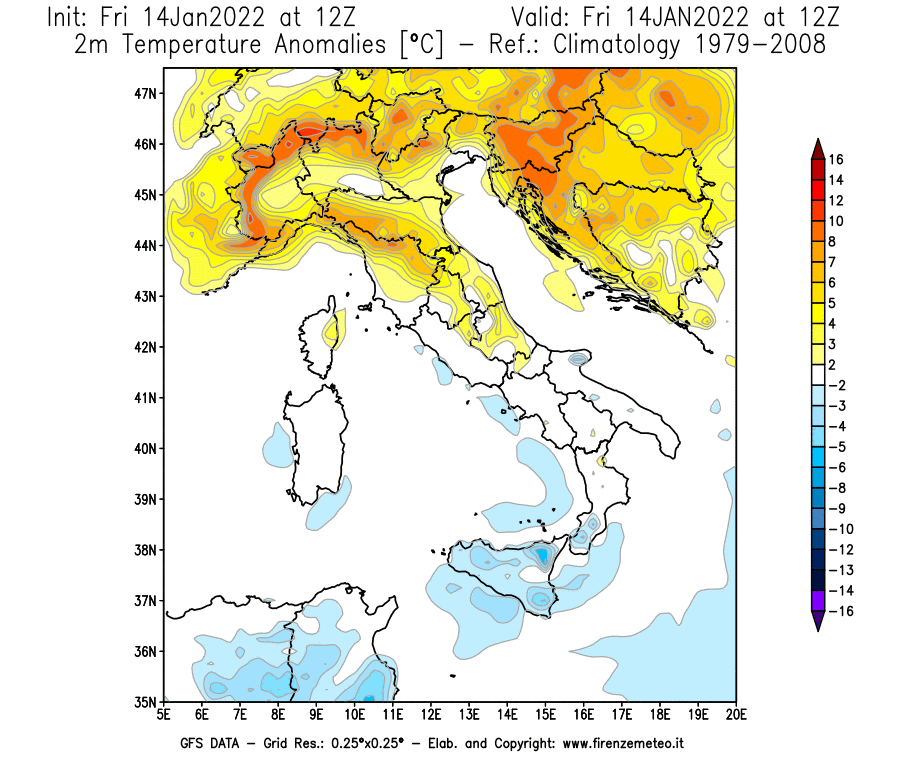Mappa di analisi GFS - Anomalia Temperatura [°C] a 2 m in Italia
							del 14/01/2022 12 <!--googleoff: index-->UTC<!--googleon: index-->