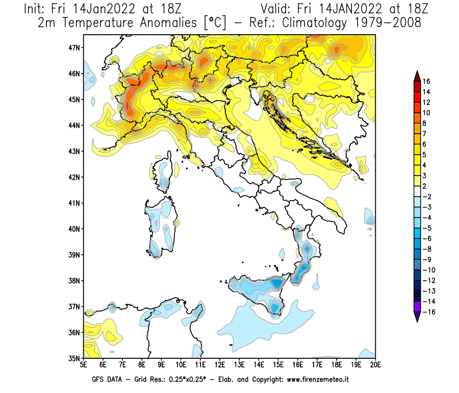 Mappa di analisi GFS - Anomalia Temperatura [°C] a 2 m in Italia
							del 14/01/2022 18 <!--googleoff: index-->UTC<!--googleon: index-->