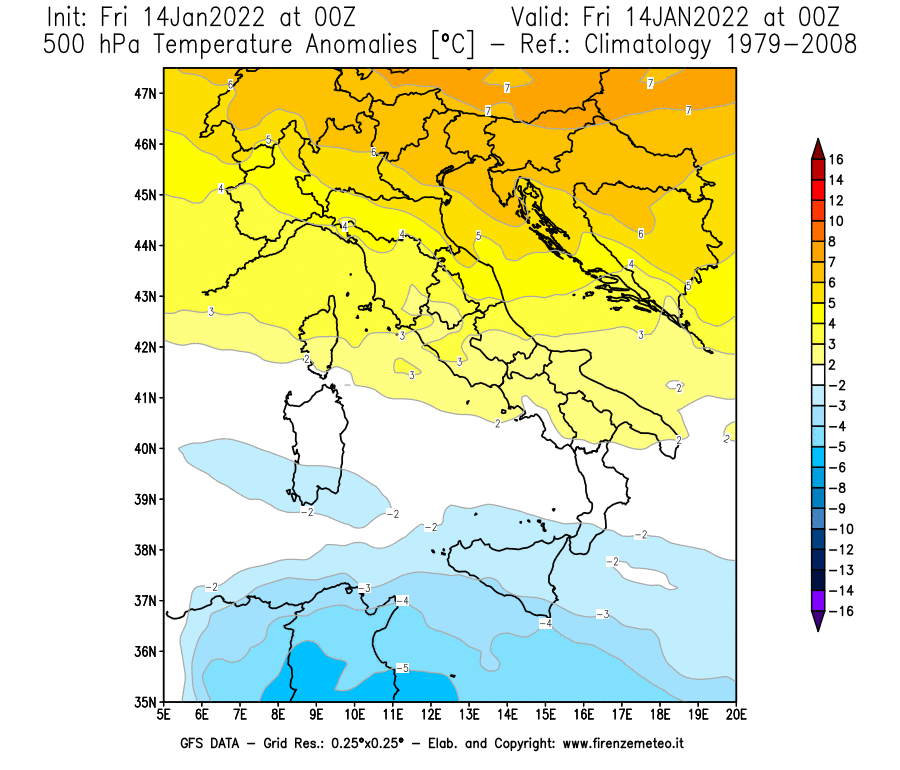 Mappa di analisi GFS - Anomalia Temperatura [°C] a 500 hPa in Italia
							del 14/01/2022 00 <!--googleoff: index-->UTC<!--googleon: index-->