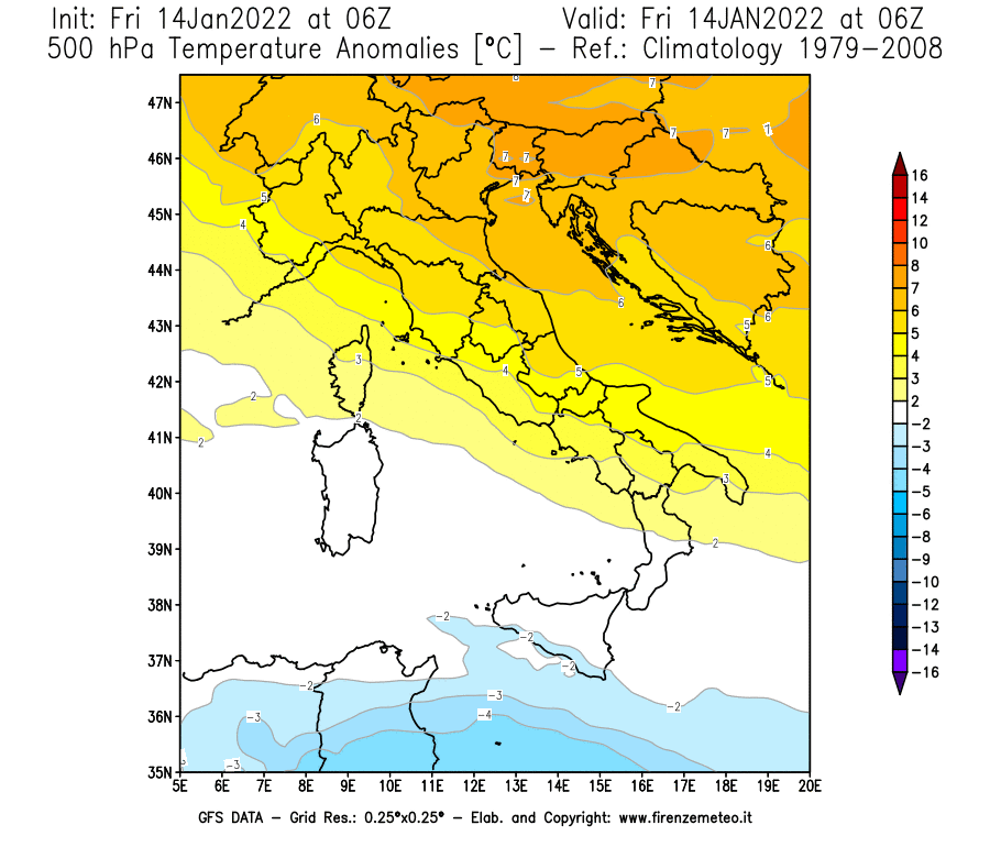 Mappa di analisi GFS - Anomalia Temperatura [°C] a 500 hPa in Italia
							del 14/01/2022 06 <!--googleoff: index-->UTC<!--googleon: index-->