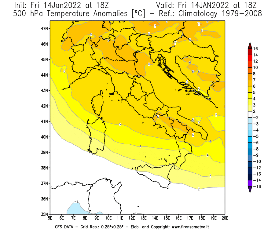 Mappa di analisi GFS - Anomalia Temperatura [°C] a 500 hPa in Italia
							del 14/01/2022 18 <!--googleoff: index-->UTC<!--googleon: index-->