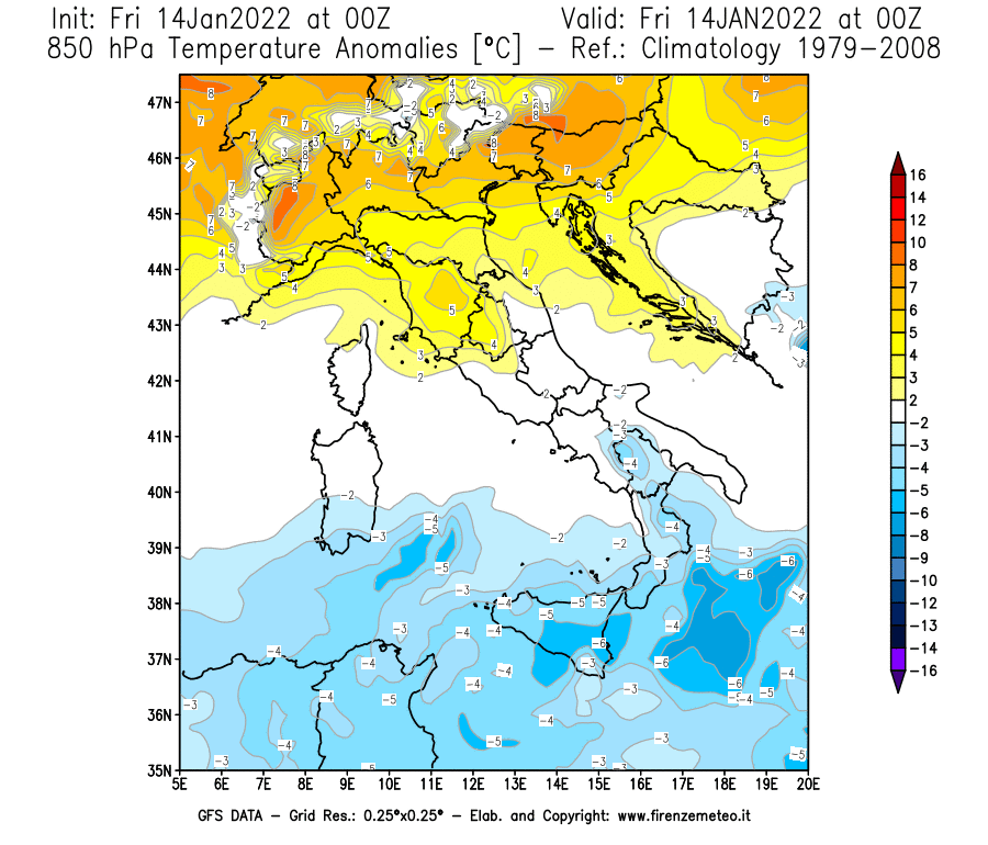 Mappa di analisi GFS - Anomalia Temperatura [°C] a 850 hPa in Italia
							del 14/01/2022 00 <!--googleoff: index-->UTC<!--googleon: index-->