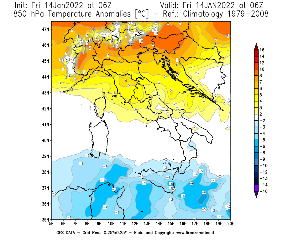 Mappa di analisi GFS - Anomalia Temperatura [°C] a 850 hPa in Italia
							del 14/01/2022 06 <!--googleoff: index-->UTC<!--googleon: index-->