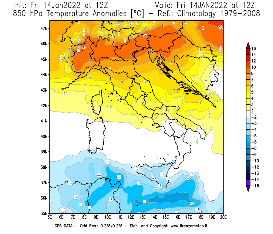 Mappa di analisi GFS - Anomalia Temperatura [°C] a 850 hPa in Italia
							del 14/01/2022 12 <!--googleoff: index-->UTC<!--googleon: index-->