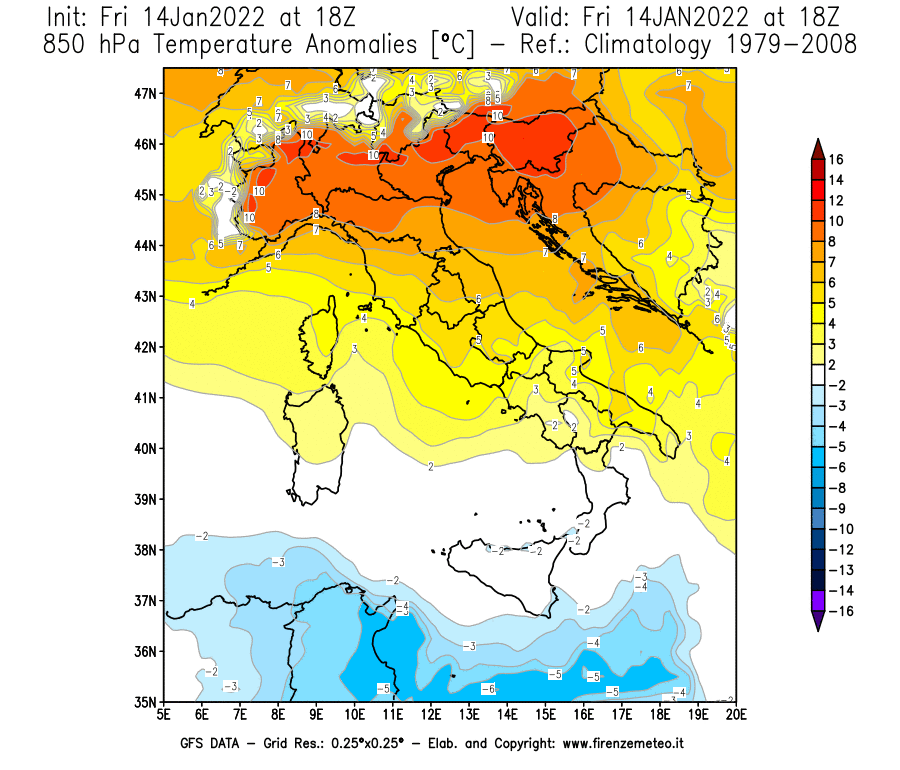 Mappa di analisi GFS - Anomalia Temperatura [°C] a 850 hPa in Italia
							del 14/01/2022 18 <!--googleoff: index-->UTC<!--googleon: index-->