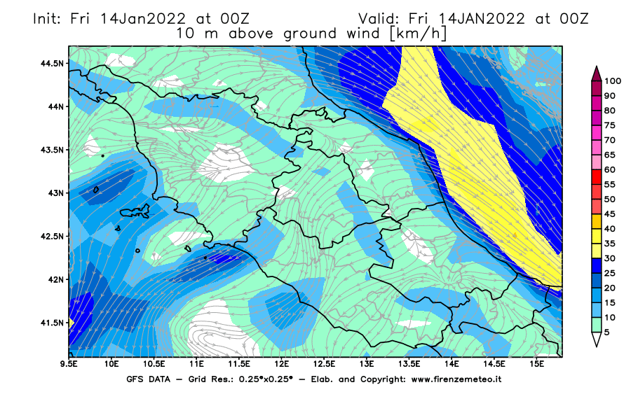 Mappa di analisi GFS - Velocità del vento a 10 metri dal suolo [km/h] in Centro-Italia
							del 14/01/2022 00 <!--googleoff: index-->UTC<!--googleon: index-->