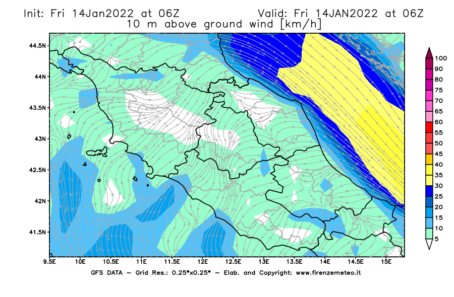Mappa di analisi GFS - Velocità del vento a 10 metri dal suolo [km/h] in Centro-Italia
							del 14/01/2022 06 <!--googleoff: index-->UTC<!--googleon: index-->
