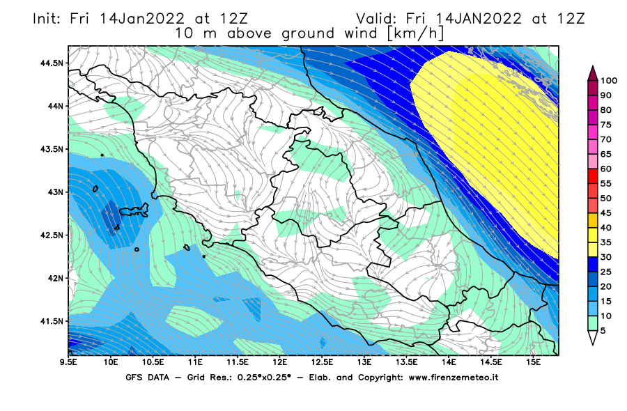 Mappa di analisi GFS - Velocità del vento a 10 metri dal suolo [km/h] in Centro-Italia
							del 14/01/2022 12 <!--googleoff: index-->UTC<!--googleon: index-->